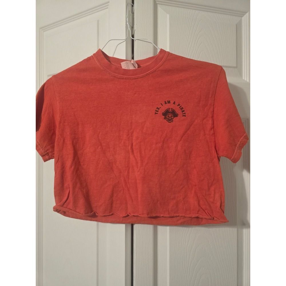 Gildan Crop Top T-Shirt Womens Small Orange Excellent Pirate Graphic Pasco Tee